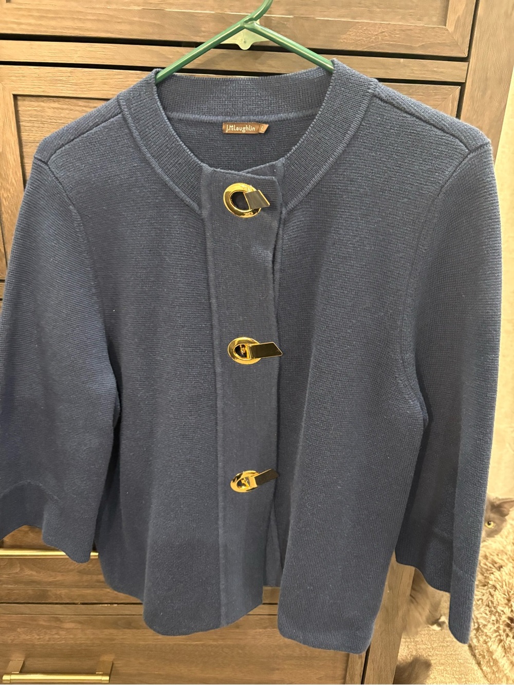 J. McLaughlin Navy Knit Jacket with Gold Toggle Closures